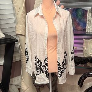 Women's White Button-Front Shirt with Black Floral Trim pant set